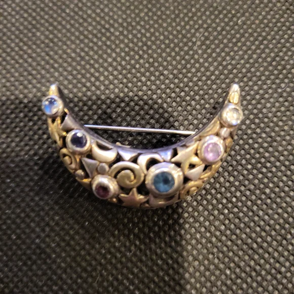 Crescent Moon & Stars Birthstone Sterling Silver Brooch - Picture 2 of 13